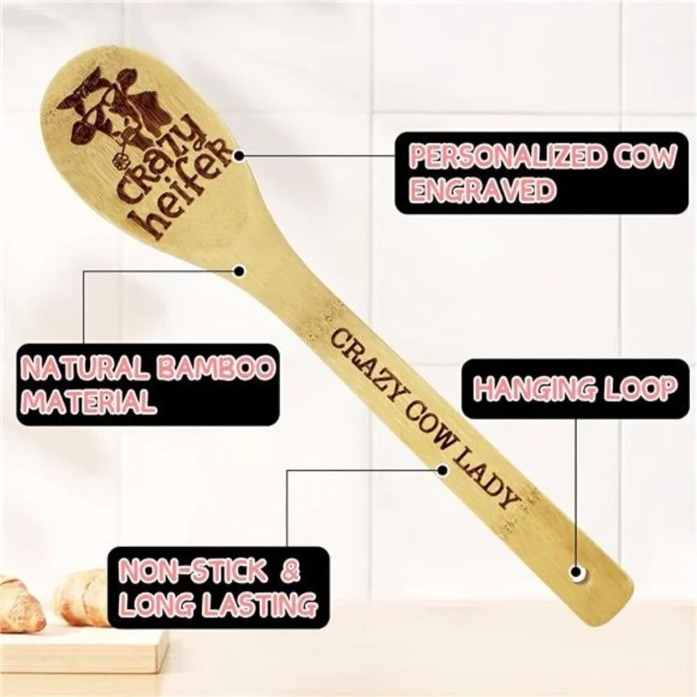 Funny Cow-Themed Bamboo Kitchen Utensil Set–5-Piece Engraved Gift for Cow Lovers